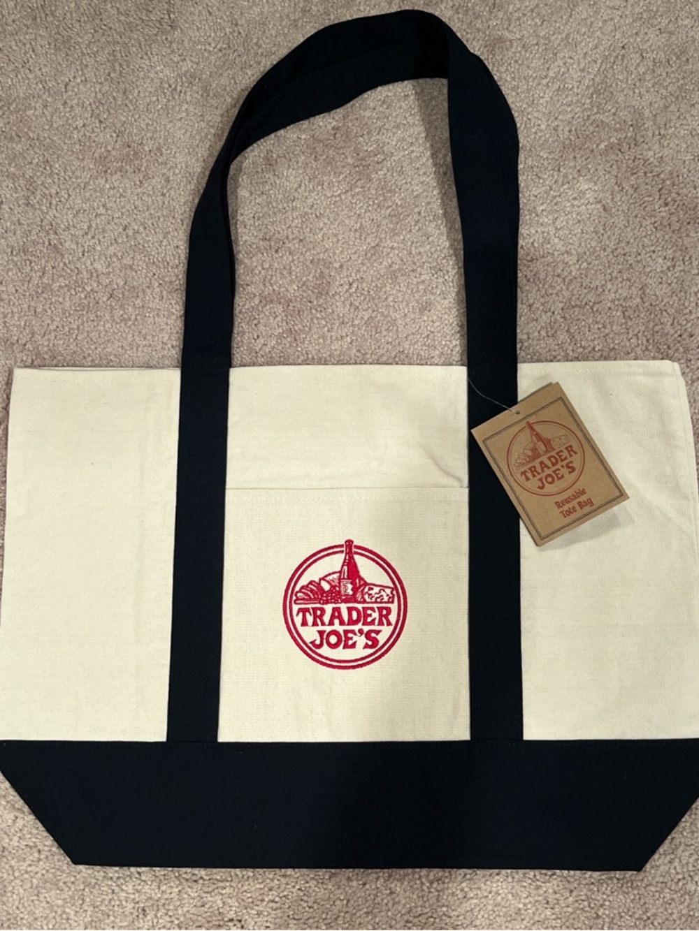 Trader Joe's Large Canvas Tote Bag in Navy and Cream